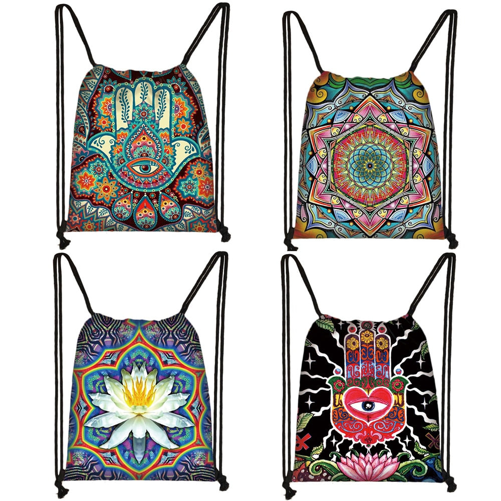 Hamsa Fatima Hand / mandala / Buddha lotus flower drawstring bag
