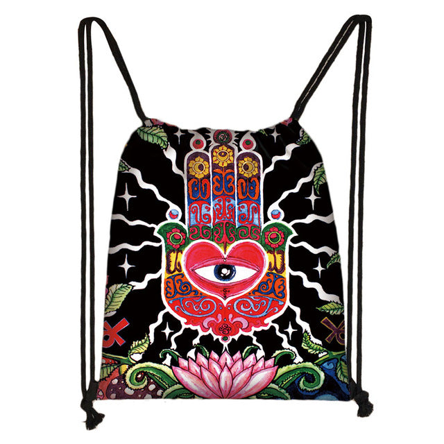 Hamsa Fatima Hand / mandala / Buddha lotus flower drawstring bag