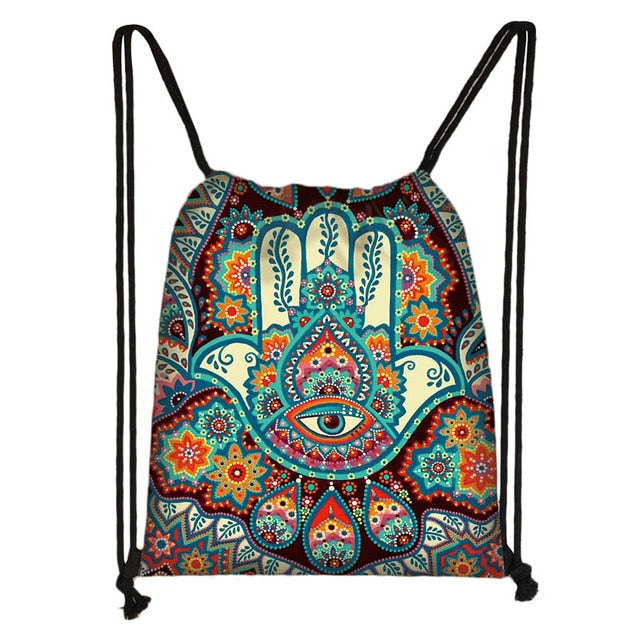 Hamsa Fatima Hand / mandala / Buddha lotus flower drawstring bag